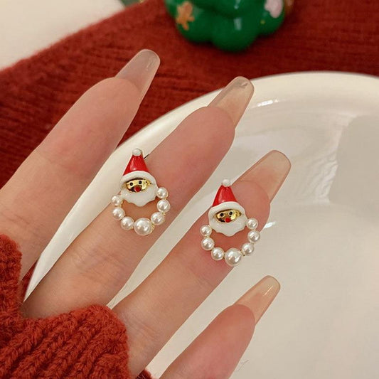 Santa Earrings Faux Pearl Cartoon Festive Christmas Earrings