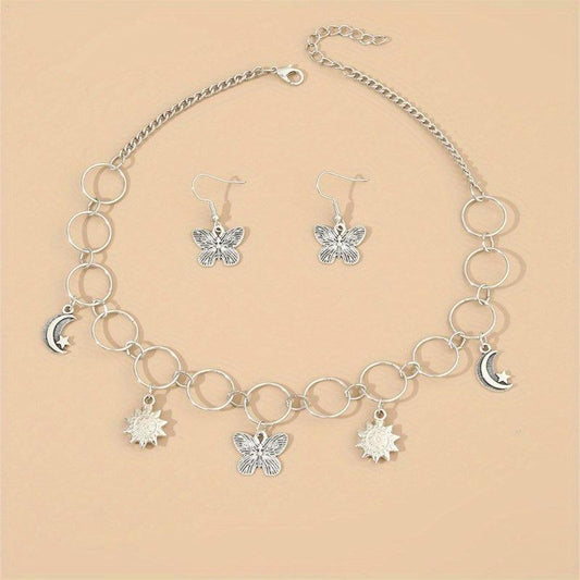 3 Pcs Butterfly Necklace Earrings Set Fashionable Style Women's Pendant Necklace