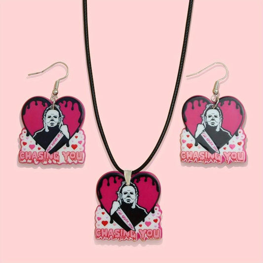 Halloween Pink Ghost Necklace Earrings Set