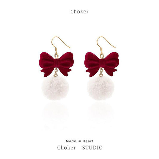 Burgundy Fur Ball Earrings Sweet Style