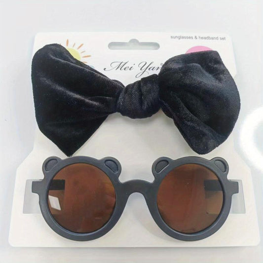 Kids Velvet Bow Headband Set with Bear Sunglasses