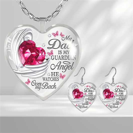 Pink Gemstones & Wing Pattern Heart Glass Pendant Necklace Earrings Set