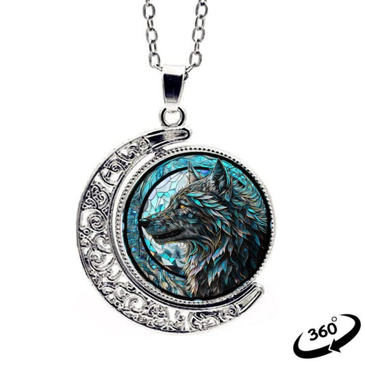 Wolf Head Crescent Moon Crystal Pendant Necklace
