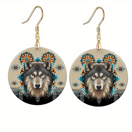Wolf Head Round Acrylic Pendant Earrings Retro Party Jewelry