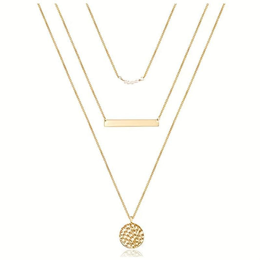 Layered Necklace with Pearl Pendant Metal Strip Stacking Pearl Necklace