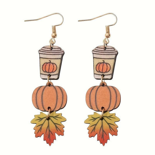 Maple Leaf Coffee Cup Pumpkin Earrings Halloween Gift