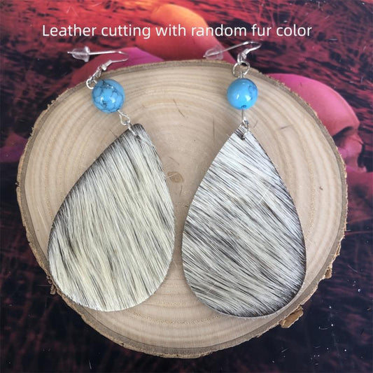 Vintage Leather Cowboy Teardrop Earrings Turquoise Spliced Horsehair