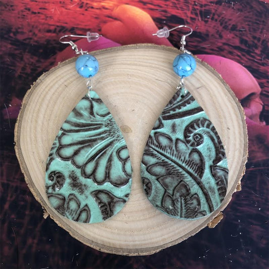 Vintage Leather Cowboy Teardrop Earrings Turquoise Spliced Horsehair