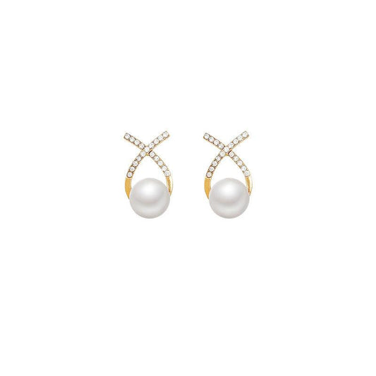 Cross Pearl Stud Earrings Letter Earrings Retro Ear Jewelry