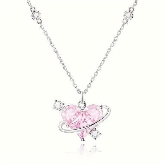 Love Planet Necklace Pink Rhinestone Clavicle Chain