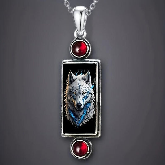 Gothic Wolf Pendant Necklace with Red Faux Gemstone Halloween Jewelry