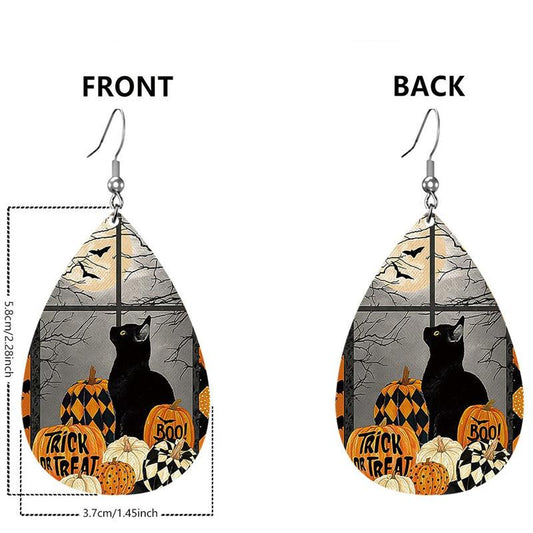 Halloween Pumpkin Cat Leather Dangle Earrings Lightweight Teardrop