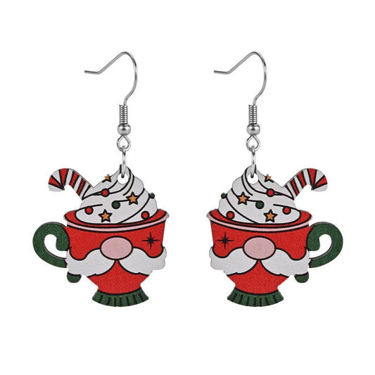 Santa Claus Ice Cream Cup Wooden Earrings Christmas Holiday Gift
