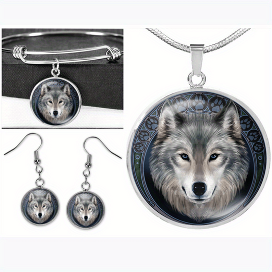Wolf Round Pendant Necklace Bracelet Earrings Set Halloween Christmas Gift