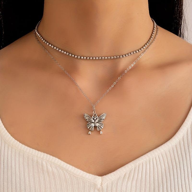 Butterfly Heart Diamond Layered Necklace Set