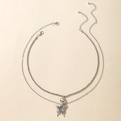Butterfly Heart Diamond Layered Necklace Set