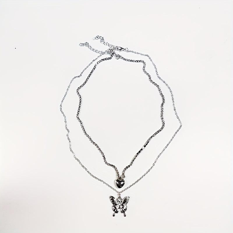 Butterfly Heart Diamond Layered Necklace Set