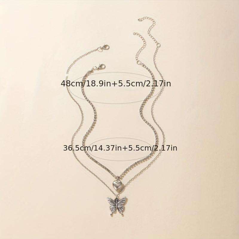 Butterfly Heart Diamond Layered Necklace Set