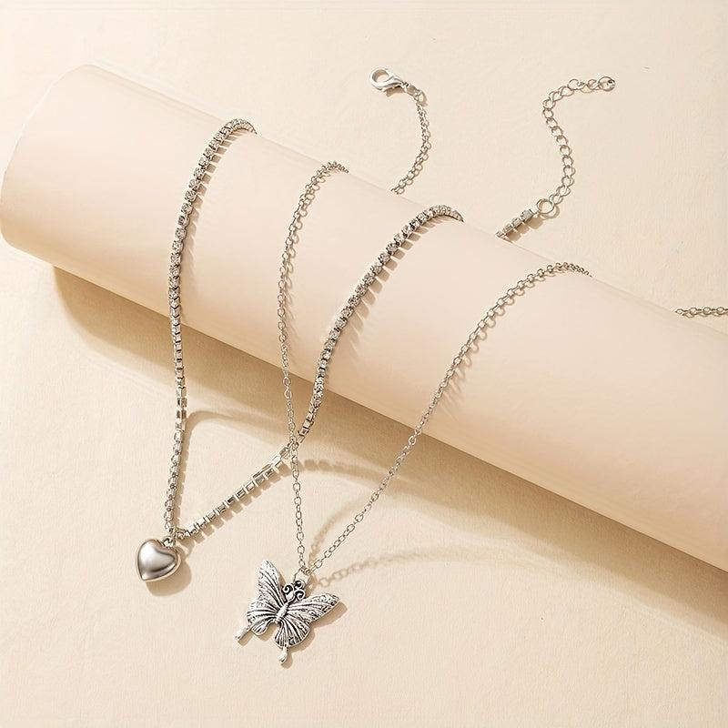 Butterfly Heart Diamond Layered Necklace Set