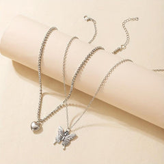 Butterfly Heart Diamond Layered Necklace Set
