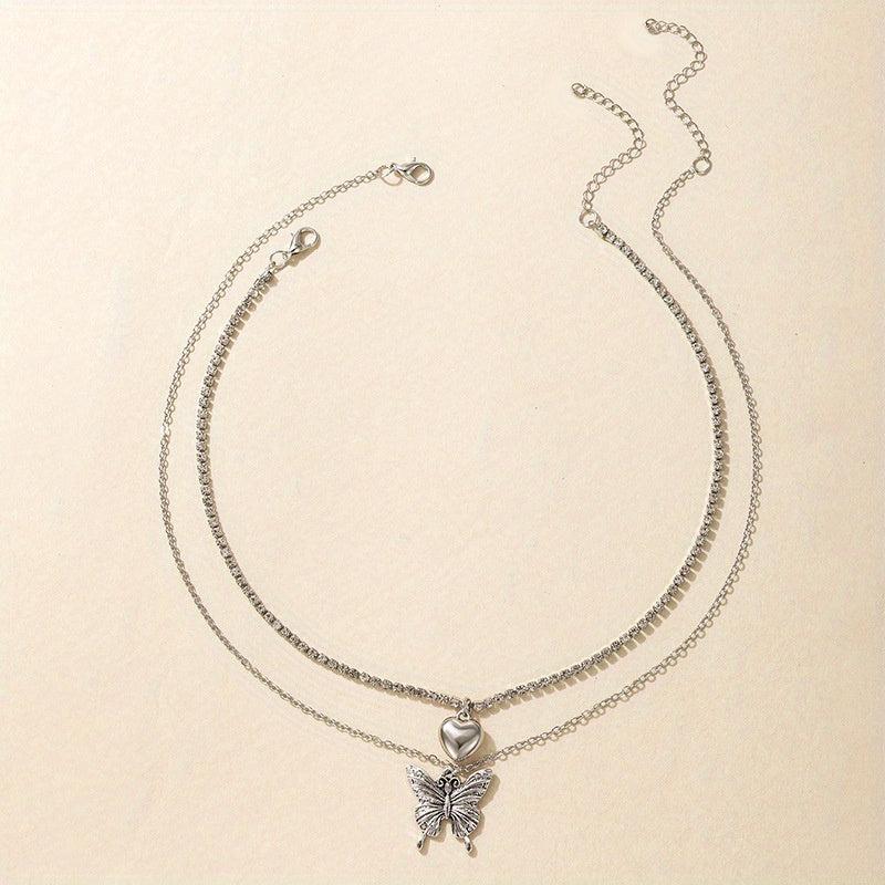 Butterfly Heart Diamond Layered Necklace Set