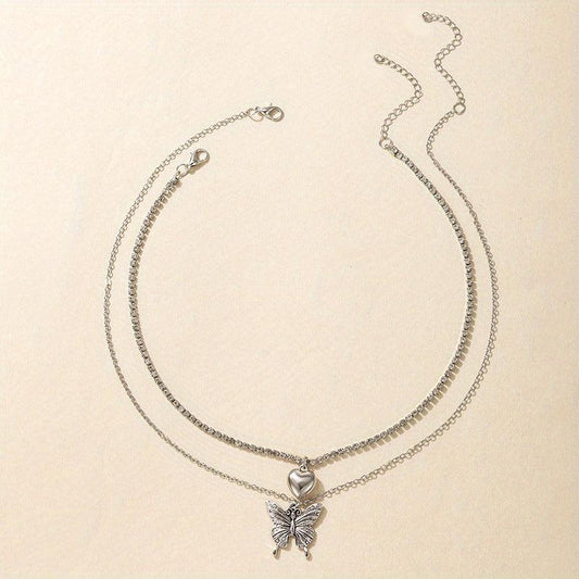 Butterfly Heart Diamond Layered Necklace Set