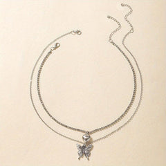 Butterfly Heart Diamond Layered Necklace Set