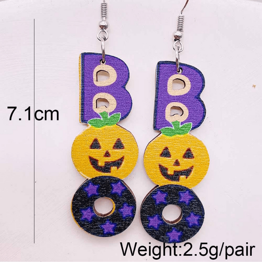 Halloween Wooden Red Wine Pumpkin BOO Castle Earrings