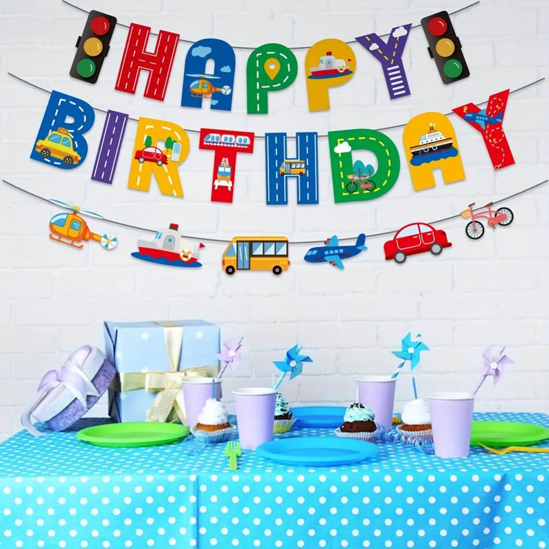 Transportation Happy Birthday Banner Car Bus Train Helicopter Photo Props