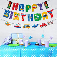Transportation Happy Birthday Banner Car Bus Train Helicopter Photo Props