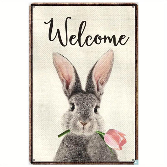 Retro Tin Sign Welcome Rabbit Spring Easter Bunny Tulip Metal Signs Wall Decor