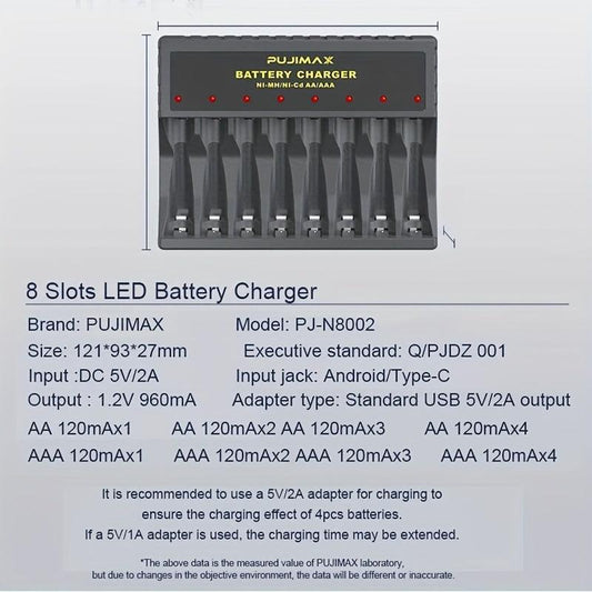 PUJIMAX 8-Slot USB Charger for AA AAA Rechargeable Batteries