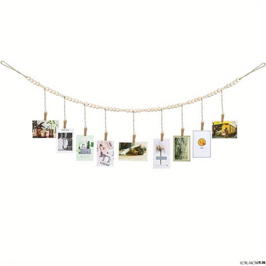 Boho Hanging Photo Display Wooden Bead Garland with Clips and Hearts