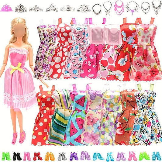 32-Piece Doll Clothes Set with Dresses, Shoes, Accessories