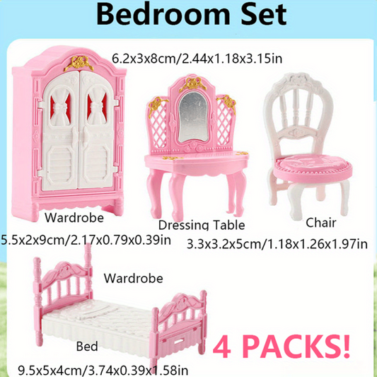 12 Piece Doll House Furniture Set - Bedroom Living Room & Bathroom Accessories