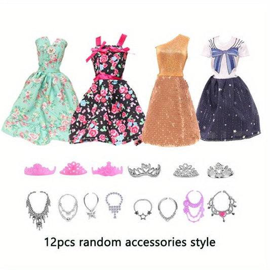 16pcs Doll Clothes & Accessories Set: 4 Dresses, 12 Accessories, Crown, Necklace