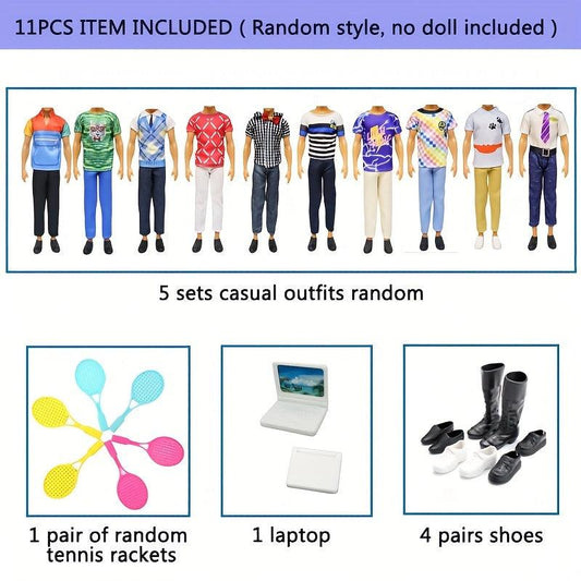 11pc Clothes & Accessories for 12' Boy Doll: 5 Outfits, Rackets, Shoes, Laptop