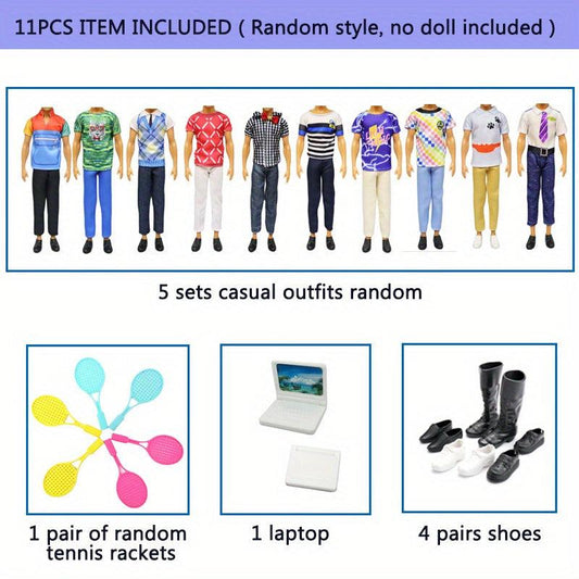 11pc Clothes & Accessories for 12' Boy Doll: 5 Outfits, Rackets, Shoes, Laptop