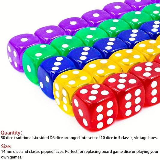 50pcs 14MM Translucent & Solid 6 Sided Game Dice Set 5 Vintage Colors