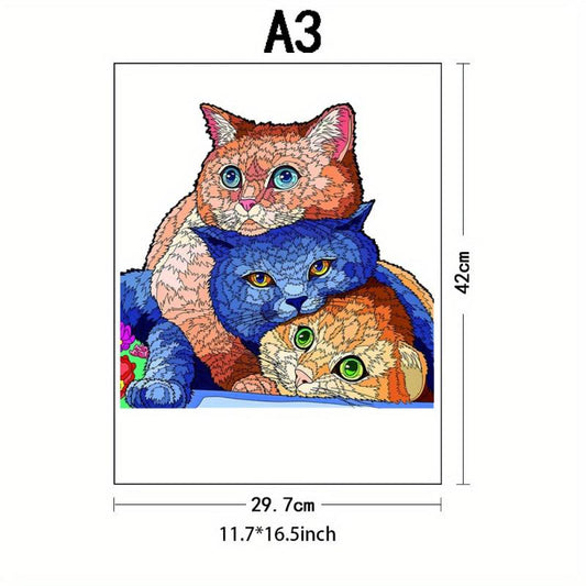 Wooden Jigsaw Puzzle Animal Shaped Three Cats