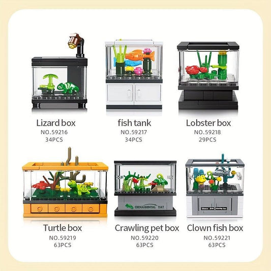 34pcs Building Blocks Fish Tank Decoration Toys Animal Plant Observation Box