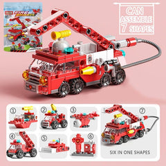 6 In 1 Fire Engine Building Blocks Educational Toys DIY Assembly Model Gift