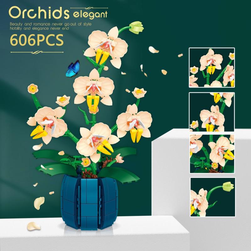 606pcs Orchid Bouquet Building Blocks Desktop Decoration