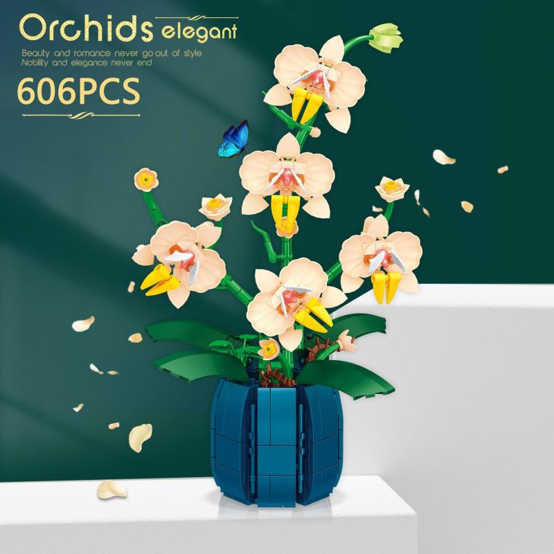 606pcs Orchid Bouquet Building Blocks Desktop Decoration