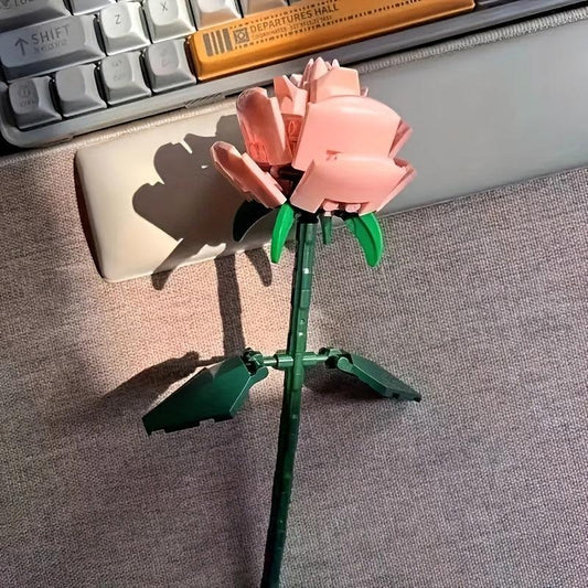 2pcs Pink Rose Plants Potted Flower Bouquet Model Building Blocks Toy