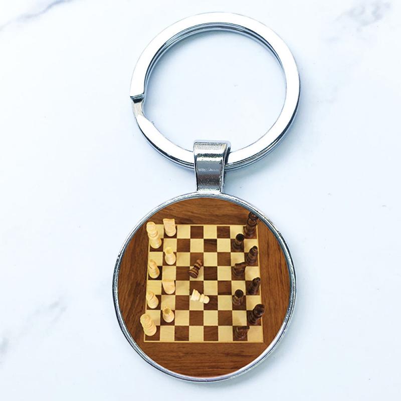 Chess Keychain Checkerboard Chess Pieces Glass Gem Pendant Key Chain
