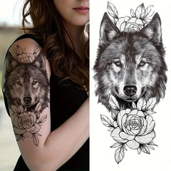 Wolf & Flower Pattern Temporary Tattoo Waterproof Long-lasting Tattoo