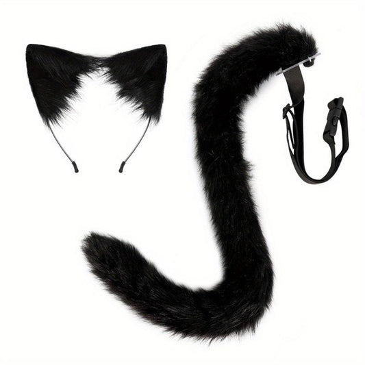 Plush Cat Ears Hair Hoop & Cat Tail Halloween Party Costumes Set