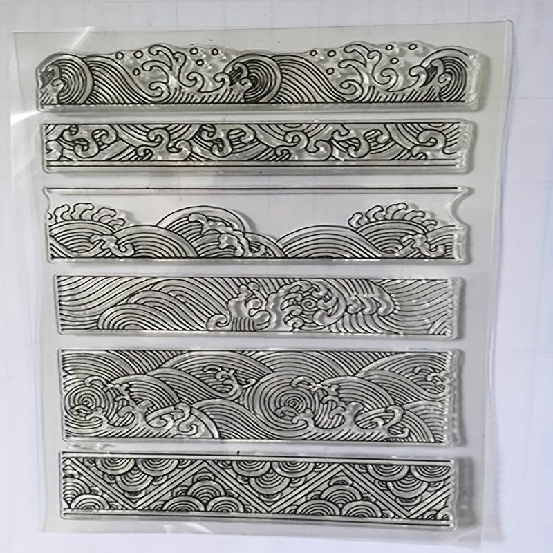 Chinese Japanese Retro Style Ocean Waves Borders Lines Clouds Stamps