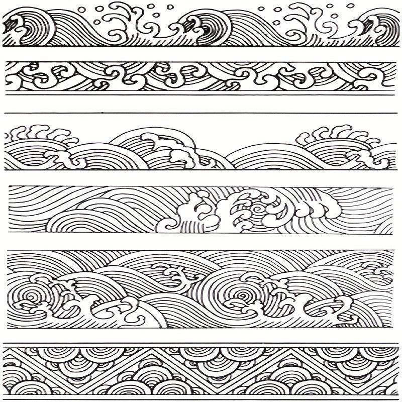 Chinese Japanese Retro Style Ocean Waves Borders Lines Clouds Stamps